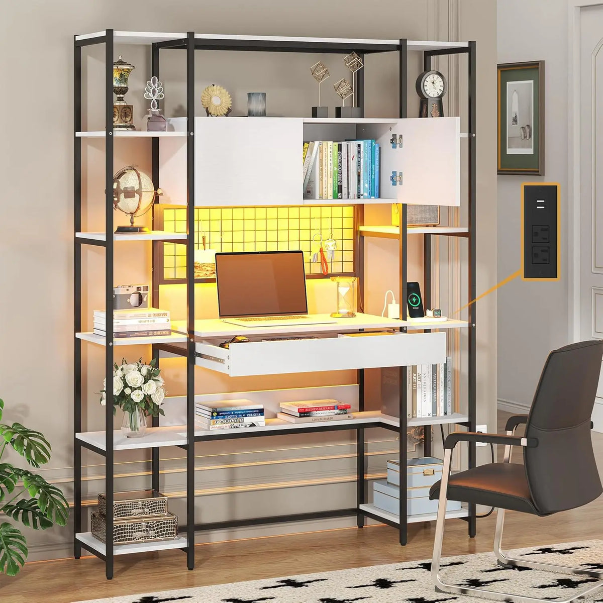 5 Tiers Rustic Engineered Wooden Bookshelf with Home Office Desk and RGB Lights and Power Outlet, 71.1" Tall