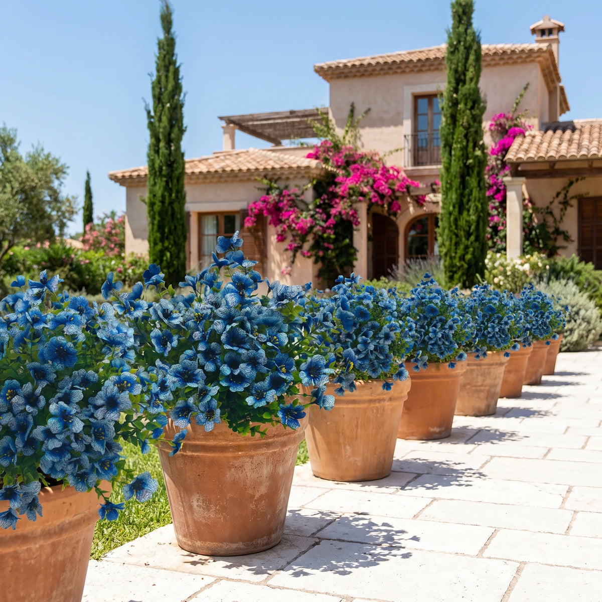 8 Bundles Realistic UV Resistant Artificial Blue Flowers, Outdoor