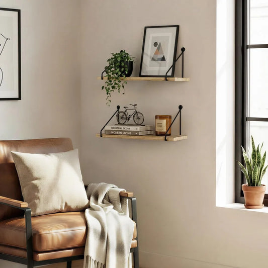 2 Pack Floating Wooden Wall Shelves, 16.5 Inch Wall Mount