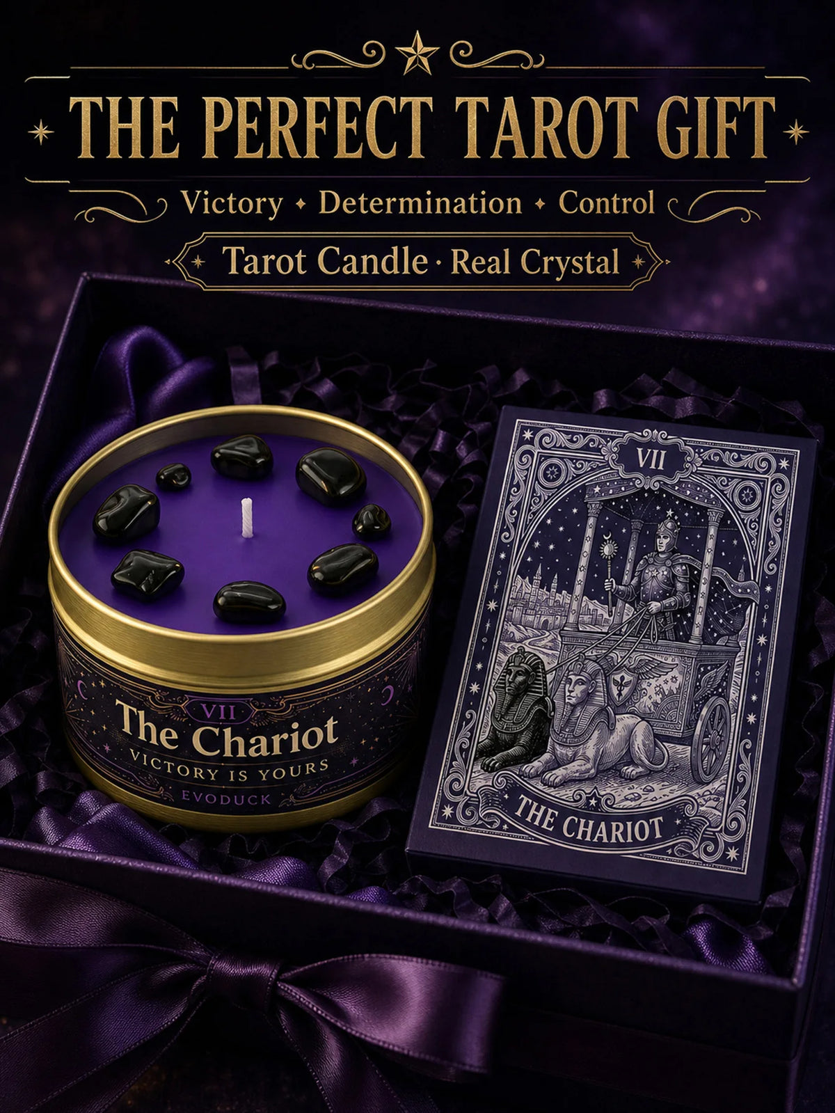 3/2/1 Sets, The Chariot Tarot Candle with Black Crystal Stones, Purple Wax Scented for Meditation, 3 Oz....