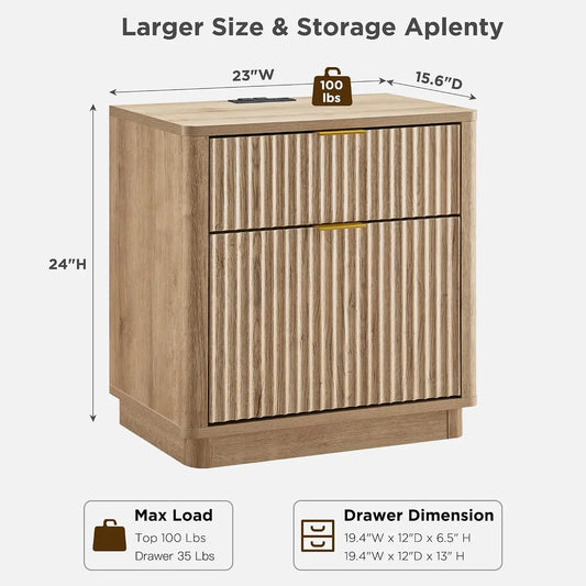 23'' Fluted Nightstand with Charging Station, Large 2 Drawer
