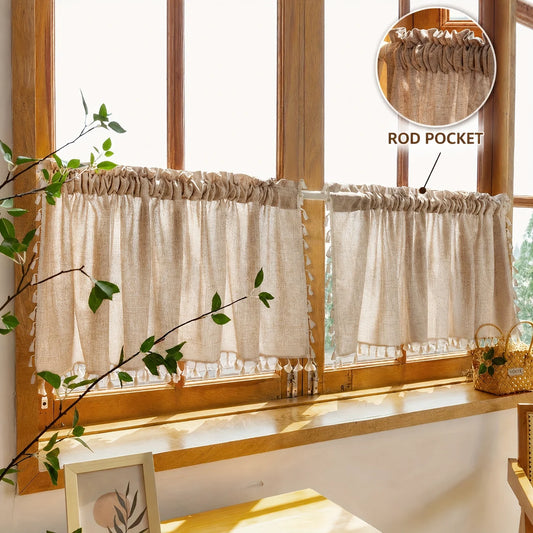 Rod Pocket, Linen Sheer Curtains Beige Color, 2 Panels