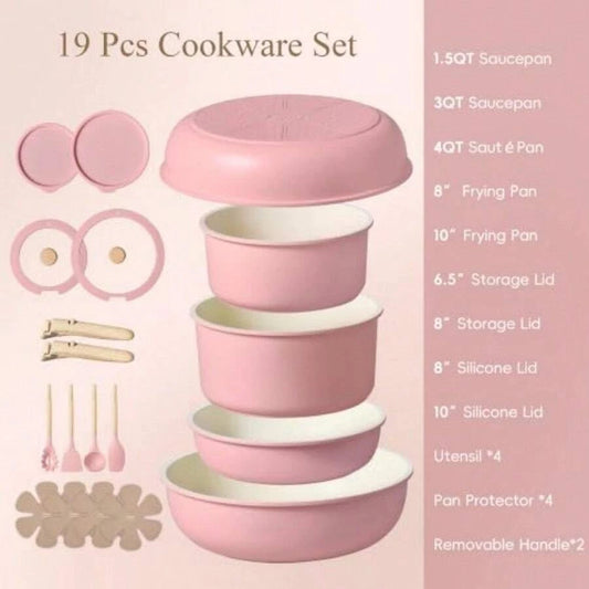 19pcs Non Stick, Cookware Set Detachable Handle, Dishwasher And Oven Safe, Pink, Black, Cream White And Sage Green....