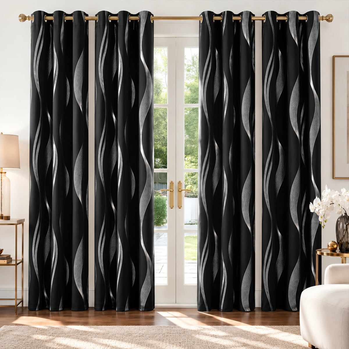 Black 4 Panels Blackout Curtains Thermal Insulated With Black Inside Coated Backing, 6 Sizes....