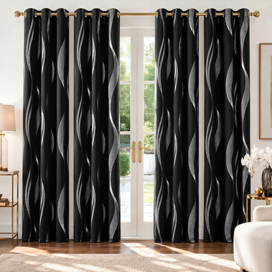 Black 4 Panels Blackout Curtains Thermal Insulated With Black Inside Coated Backing, 6 Sizes....