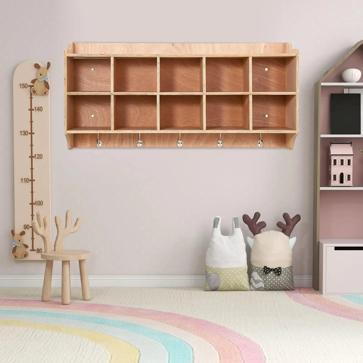 Wall Mount Kids Wooden Storage Organizer With 10 Cubbies, 5 Hooks And Top Shelf,