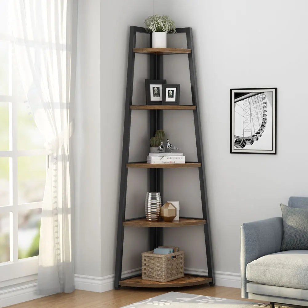 Wooden Corner Book Shelf: 9.84D x 25.95W x 70.07H Inches