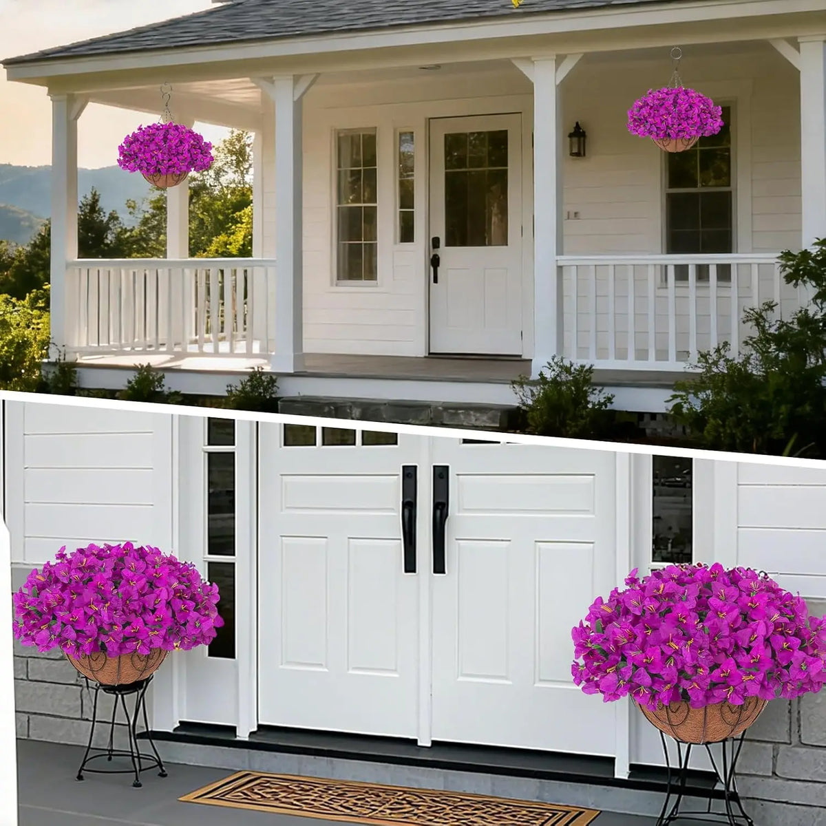 2PCS Artificial Flower Basket Purple/white Bougainvillea Hanging Flower Palm Basket