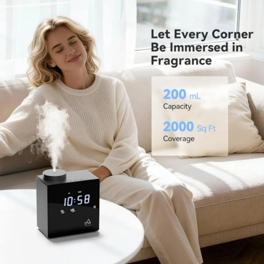 Smart waterless diffuser for large rooms, black ABS plastic, 2000 sq. ft coverage, with clock......