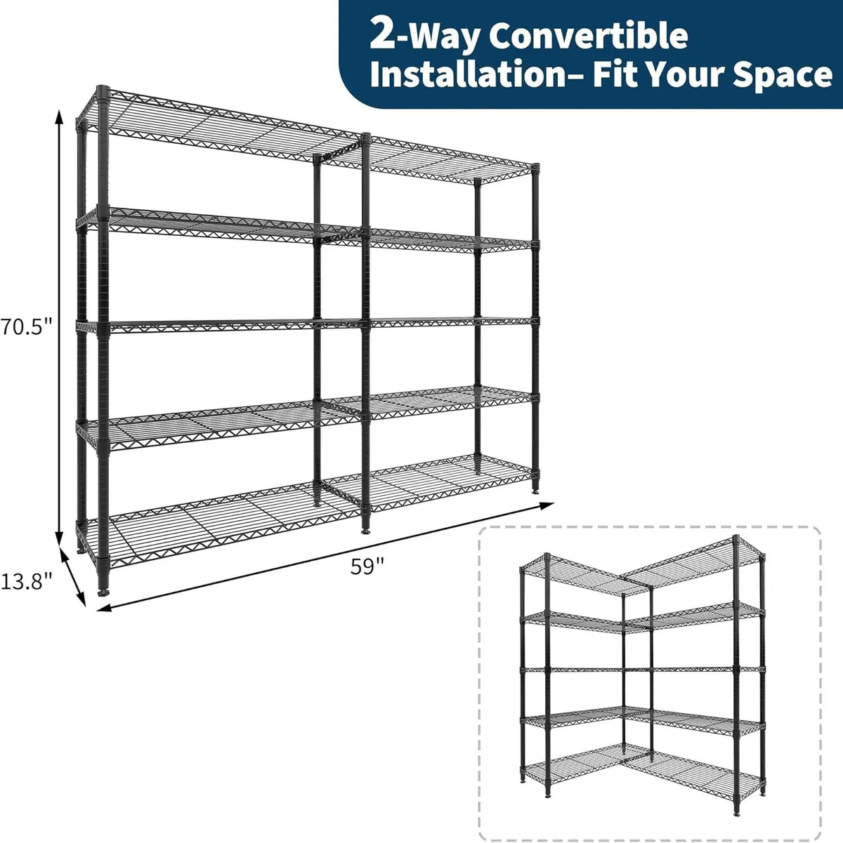 59" W Wire Shelving Unit, 1060LBS 5-Tier Metal Storage, 4 Locking Casters, Adjustable 70.5"H x 13.8"D