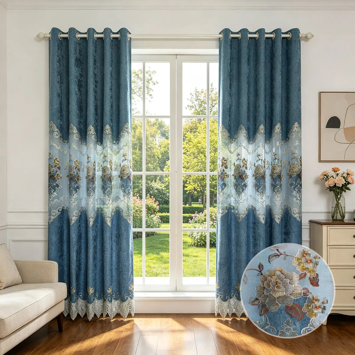 European Luxury Chenille Lace Embroidery Curtains 2 Panels, Lake Blue Grommet Window Drapes, 2 Sizes.....