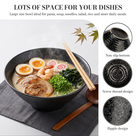2-Piece Japanese Style Bowl Set, 9 Inch Large Ceramic Bowls with Spoons and Chopsticks