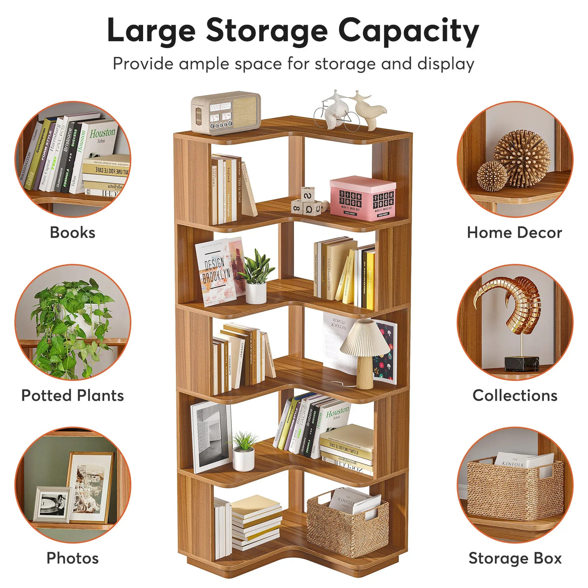 6 Tier Corner Wooden Bookshelf, 64.96 Inch Tall with Anti-Drop 64.96"D x 23.62"W x 23.62"H....