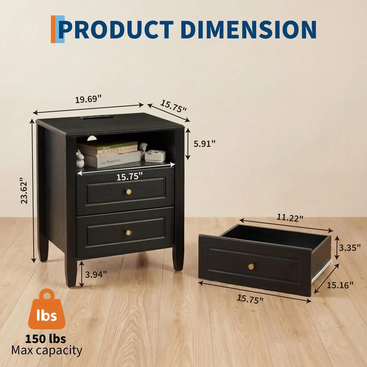 Nightstand with Charging Station 2 Drawers and Open Shelf with USB Type C Port AC Outlet