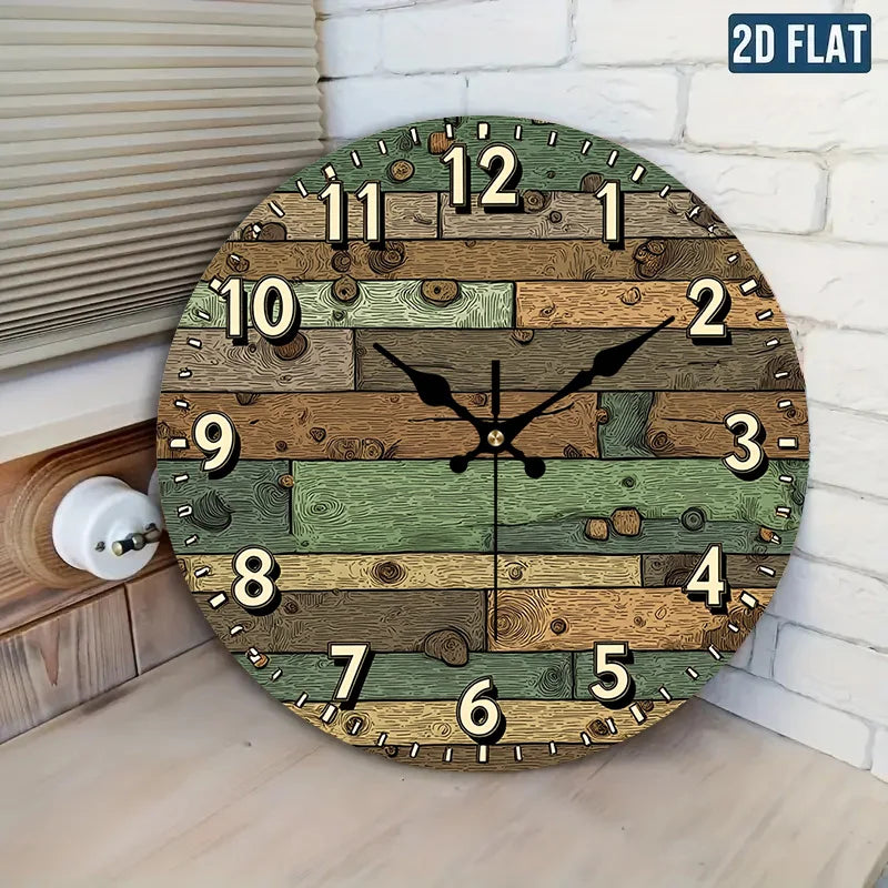 Wooden Theme Style Wall Clock 2D Print - 4 Sizes, Excluding AA Battery....