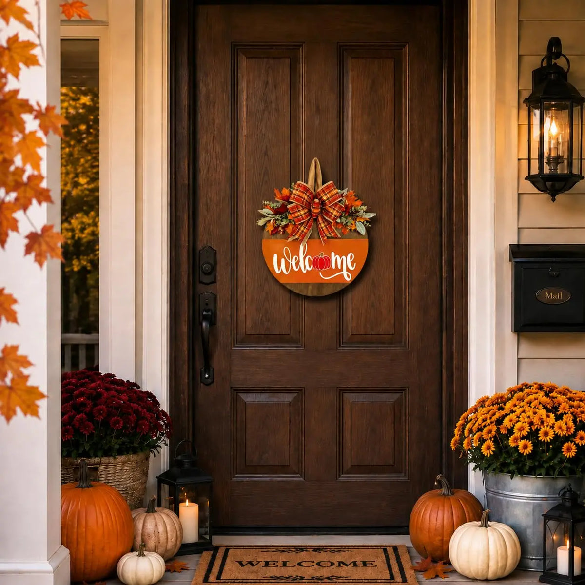 Front Door, Wooden Welcome Hanger with Pumpkin Design