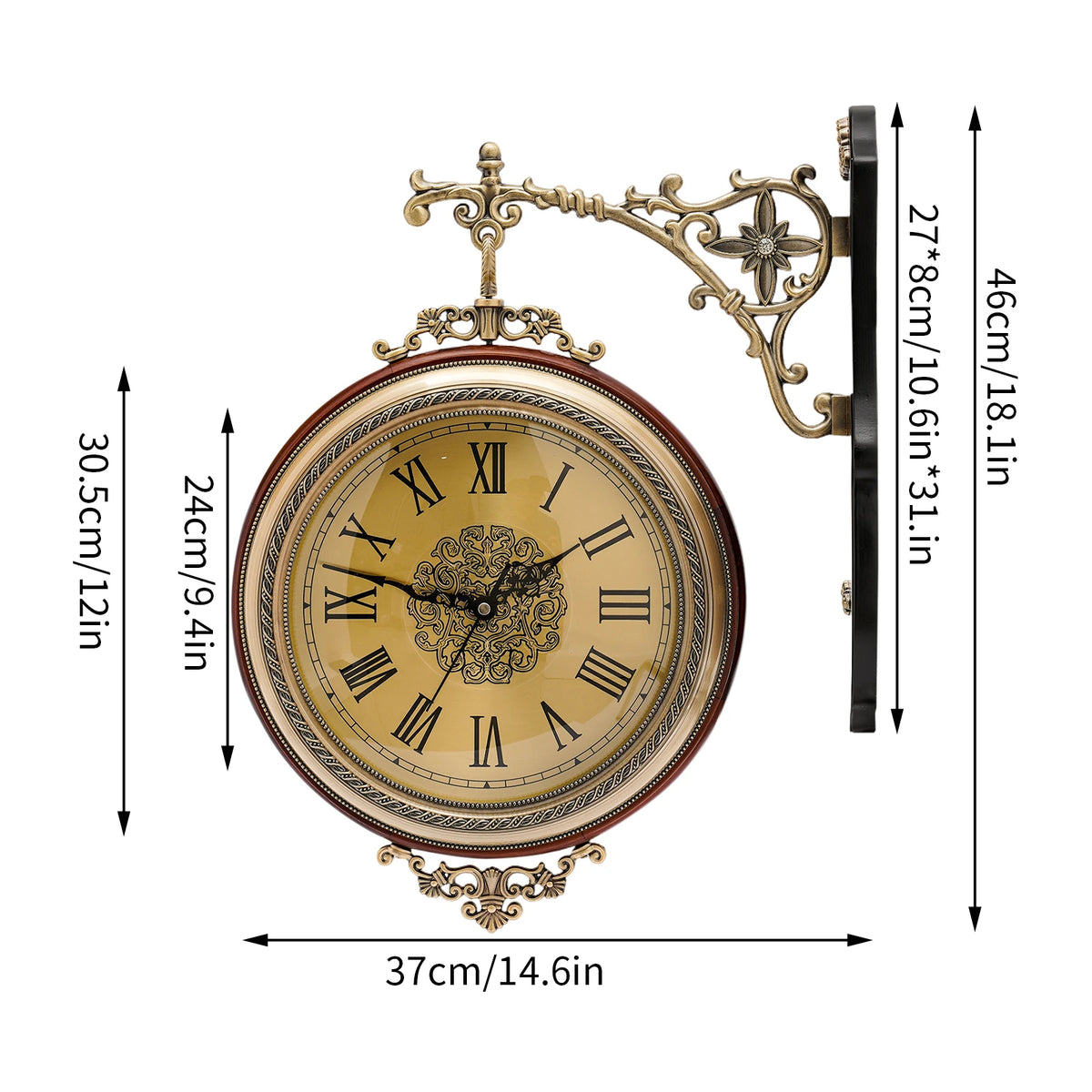 Double-Sided Wall Clock Vintage Style, 12-inch 360° Rotation, AA Battery Needed....