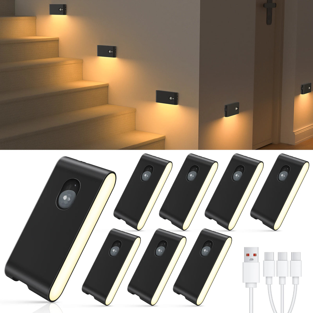 4/8 Pack Motion Sensor Wireless Stair Lights Indoor Battery USB Rechargeable Night Lights for Stairway Or Closet
