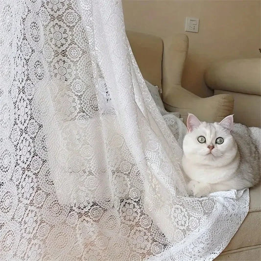 2pcs White Lace Embroidered Mesh Knitted Sheer Curtains, White...
, Whit