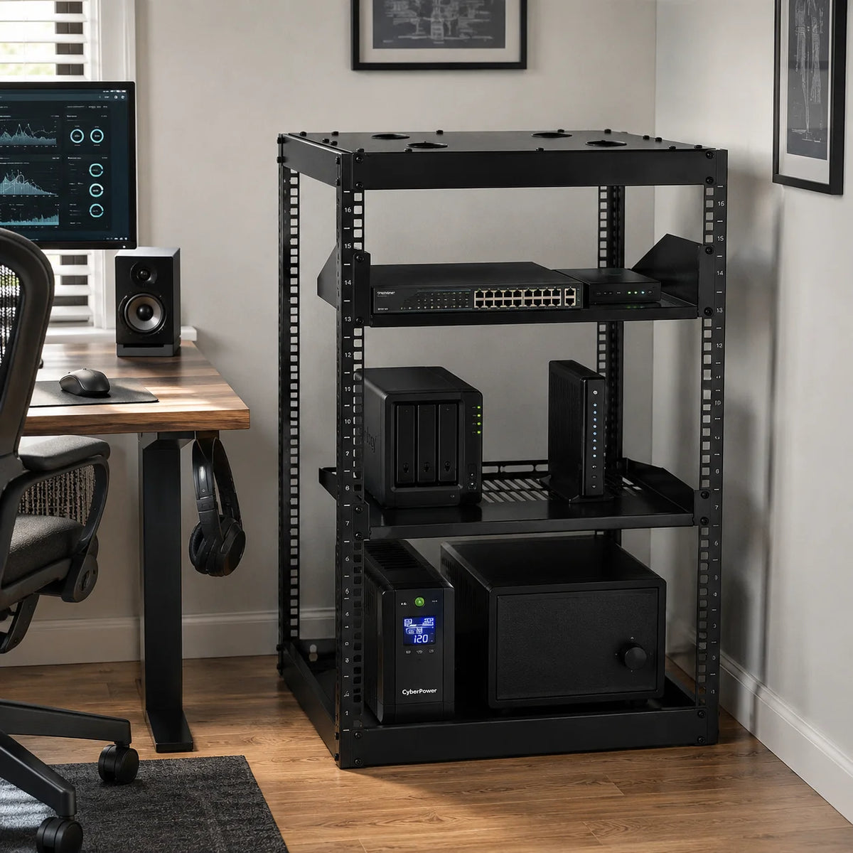 16U Open Frame Network Rack 23 Inch Deep 4 Post Server Rack Wall Mount Floor Standing with 2 Shelves