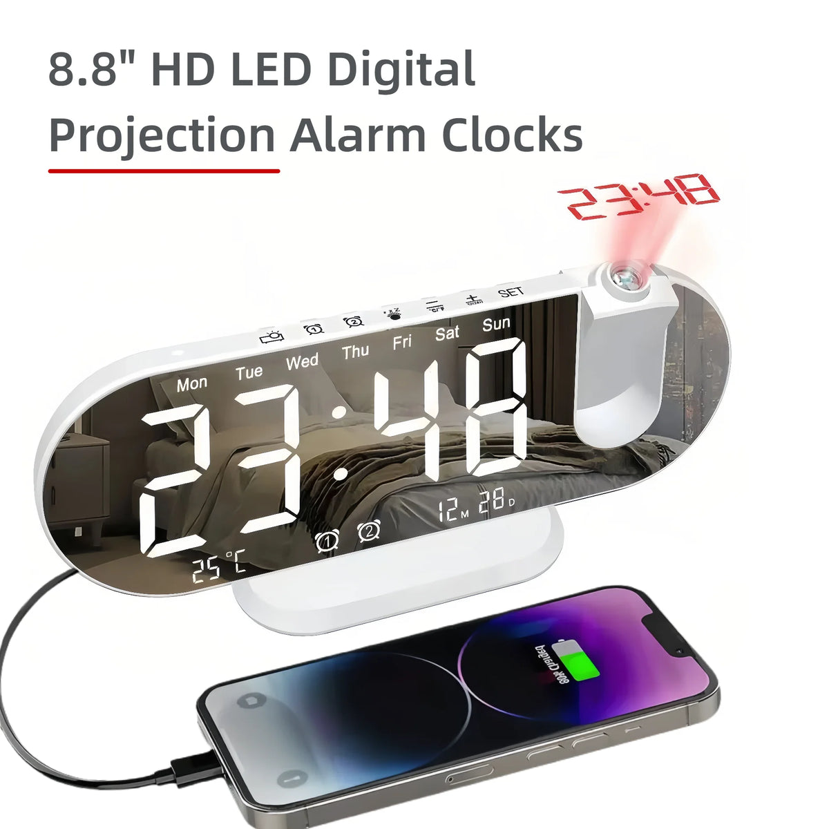 8.8" LED Digital Projection Alarm Clock, with 180° Ceiling Projector, USB Charger, Mirror Display, Temperature Week, 2 Colors....