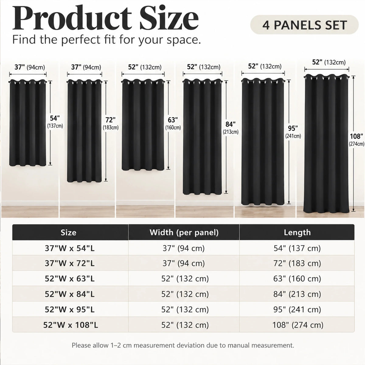 Black 4 Panels, Grommet Top Curtain, Blackout Waterproof Black Inside Coating for Bedroom Living Room, 6 Sizes......