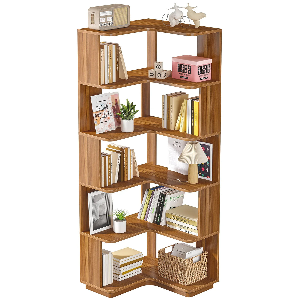 6 Tier Corner Wooden Bookshelf, 64.96 Inch Tall with Anti-Drop 64.96"D x 23.62"W x 23.62"H....