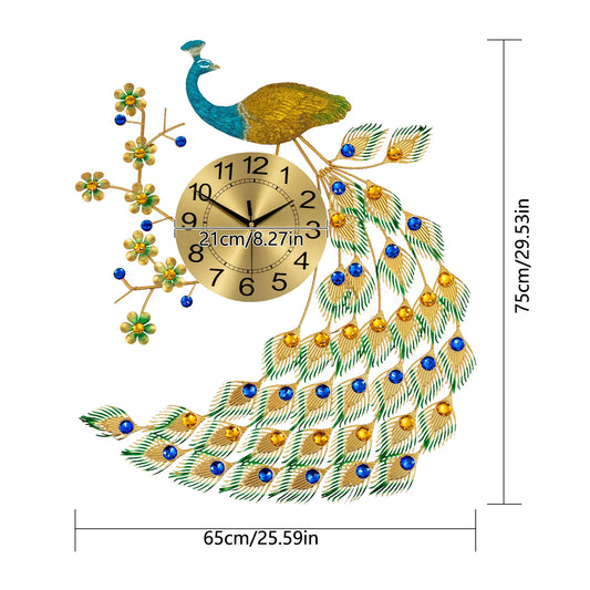 30.5x25.5 inch Wall Clock, Peacock Design Iron Acrylic Aluminum, AA Battery Needed...