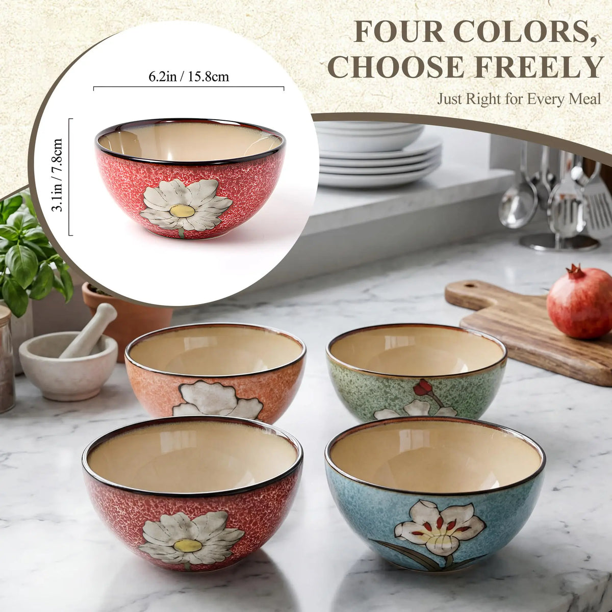 Set Of 4 Hand Painted Ceramic Cereal Bowls 6 Inch, Dishwasher Microwave And Oven Safe
