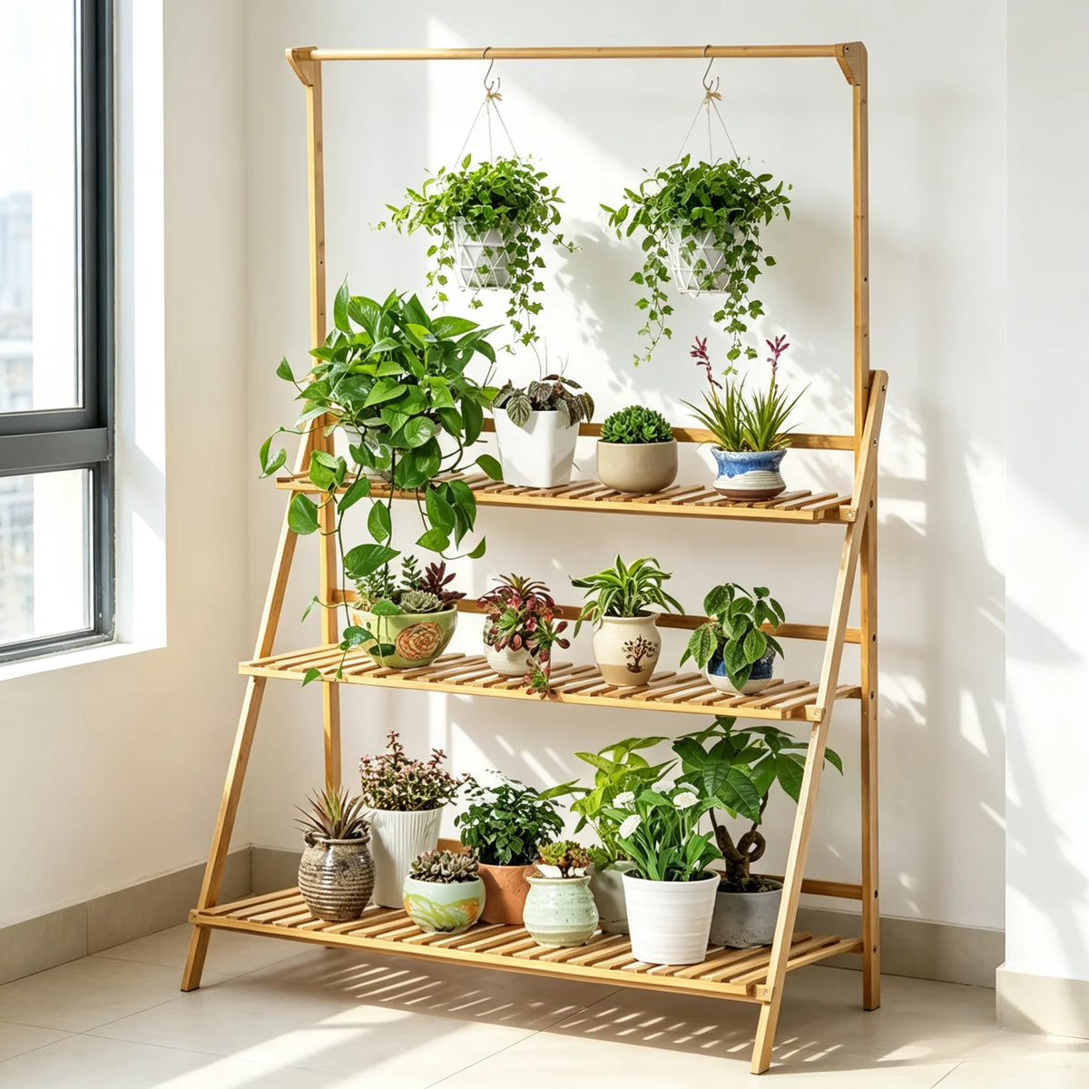70/100cm Natural Bamboo Plant Stand Folding 3 Tier Flower Pot Display, Indoor Outdoor....