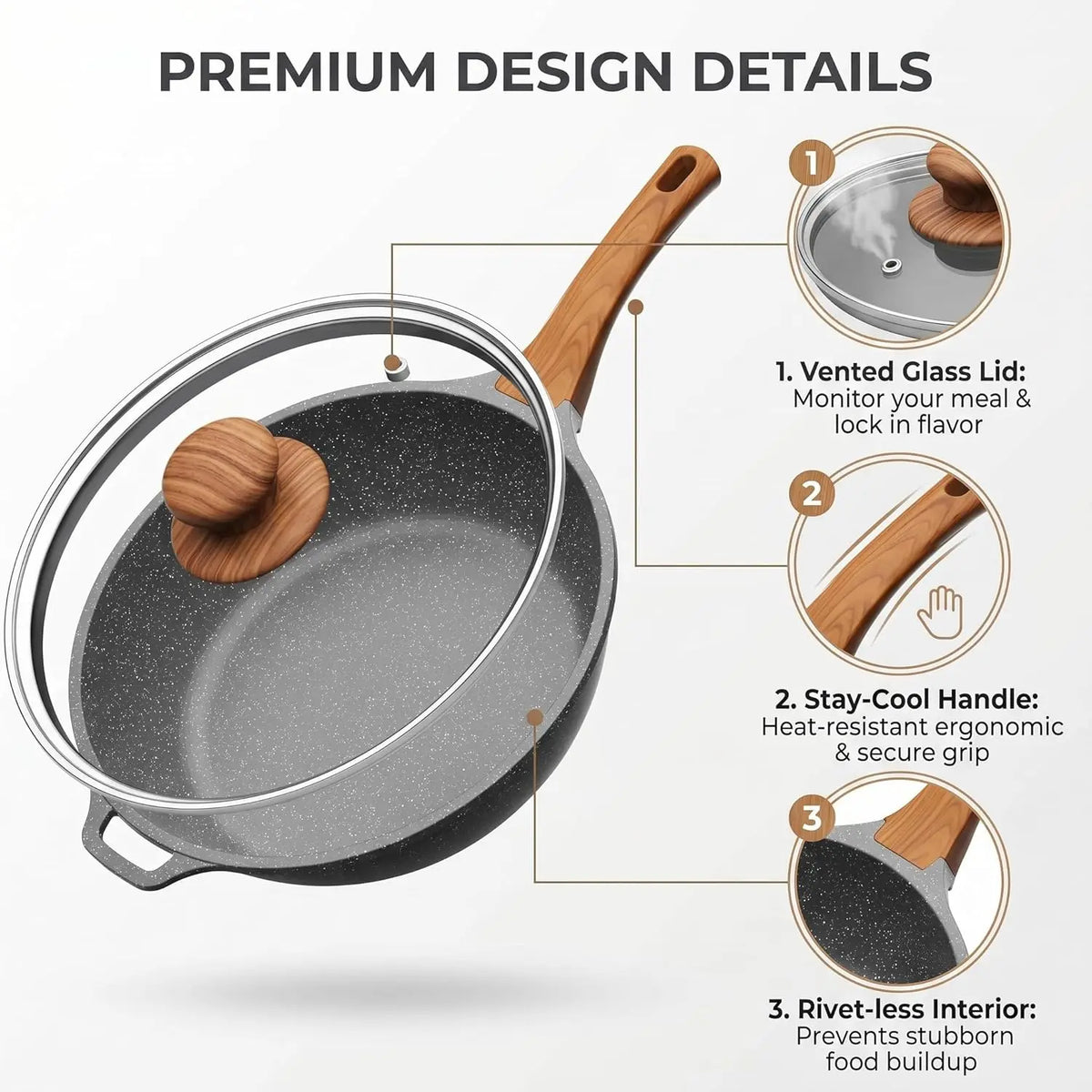 12 Inch Nonstick Granite Skillet with Lid, 5 QT Deep Frying Pan....