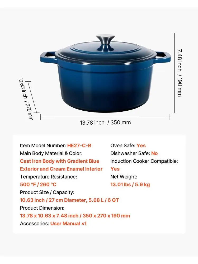 Enameled Cast Iron Dutch Oven, 6 Quart Stock Pot with Lid Compatible up to 500℉, Blue.....