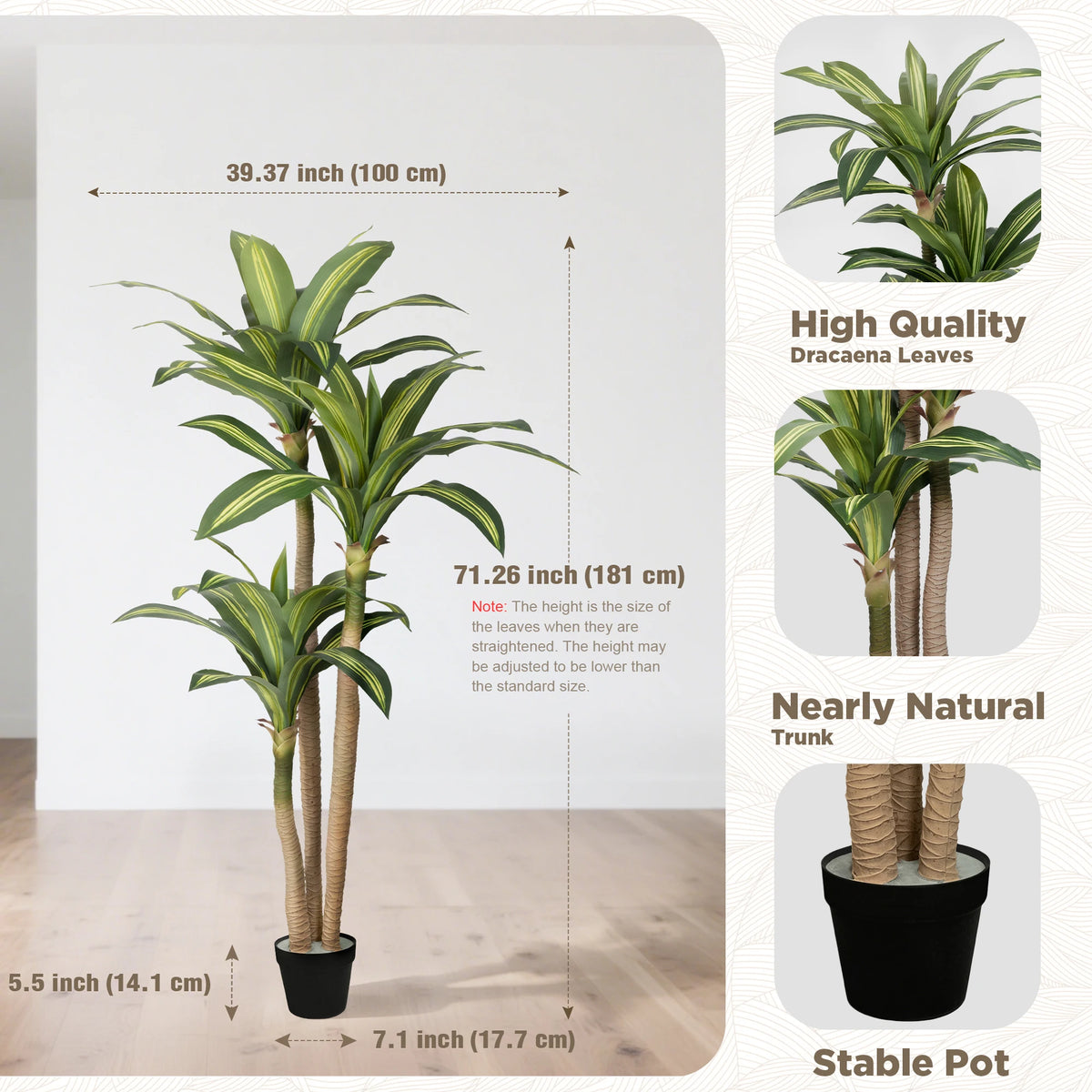 4ft/5ft/6ft Artificial Dracaena Tree in Pot - Realistic Tropical Plant with Easy Assembly,
