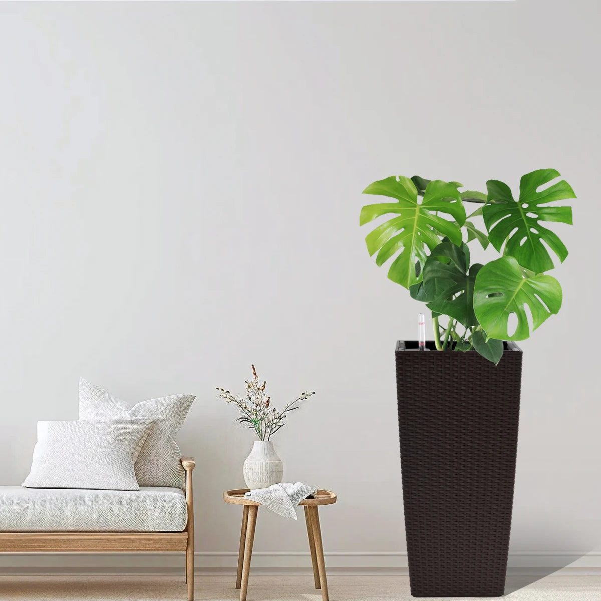 Pack of 2 Square Planter 22-Inch High Faux Rattan Design with Automatic Watering System....