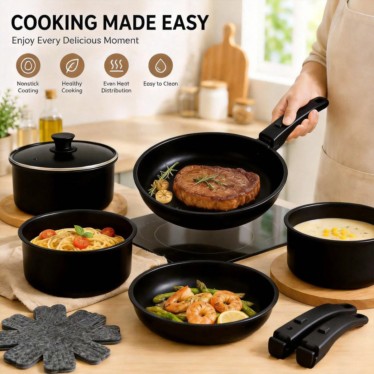 13PCS Nonstick Cookware Set With Detachable Handles, Matte Black Stackable Pots And Pans...