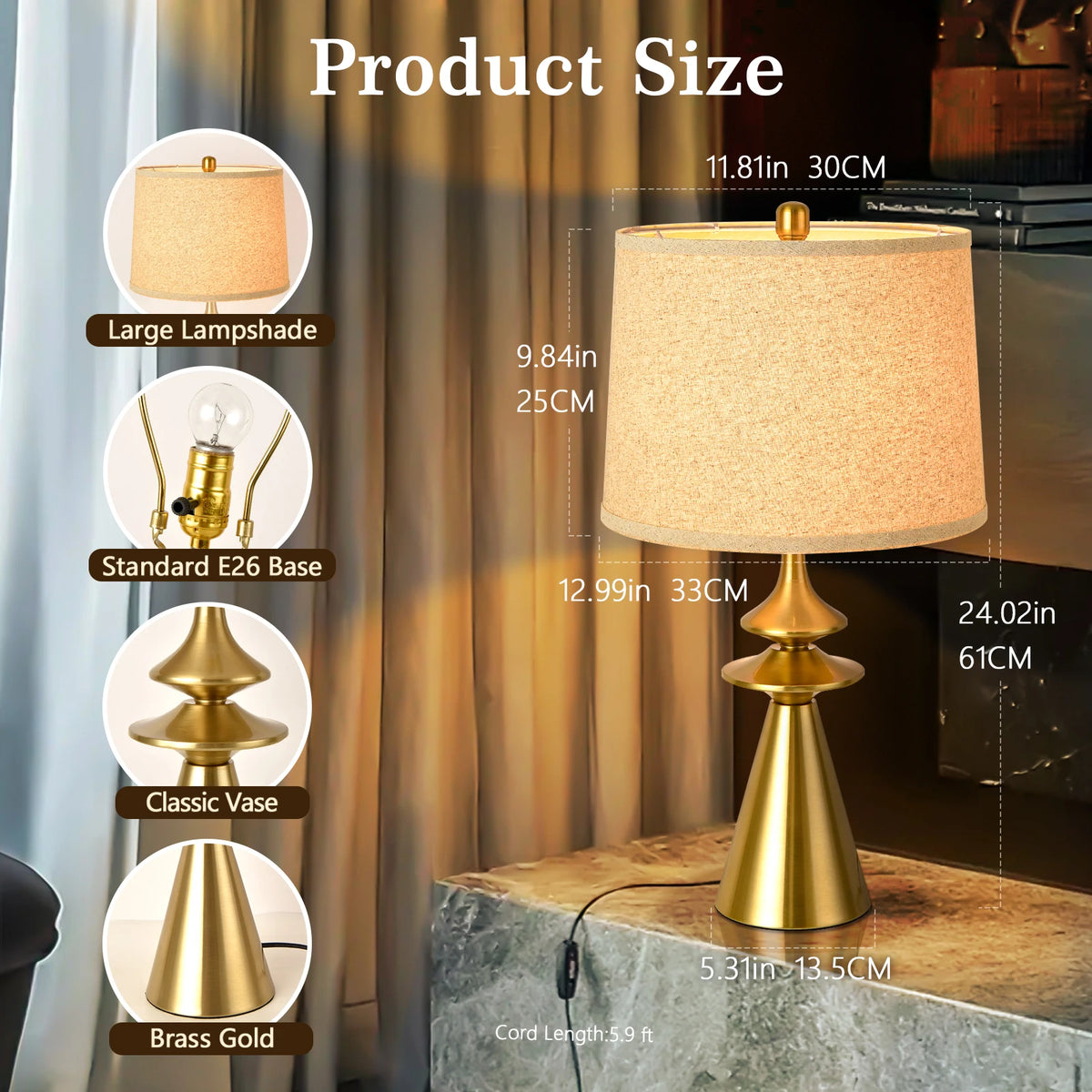 24" Gold Modern Tall Contemporary Table Lamps Single