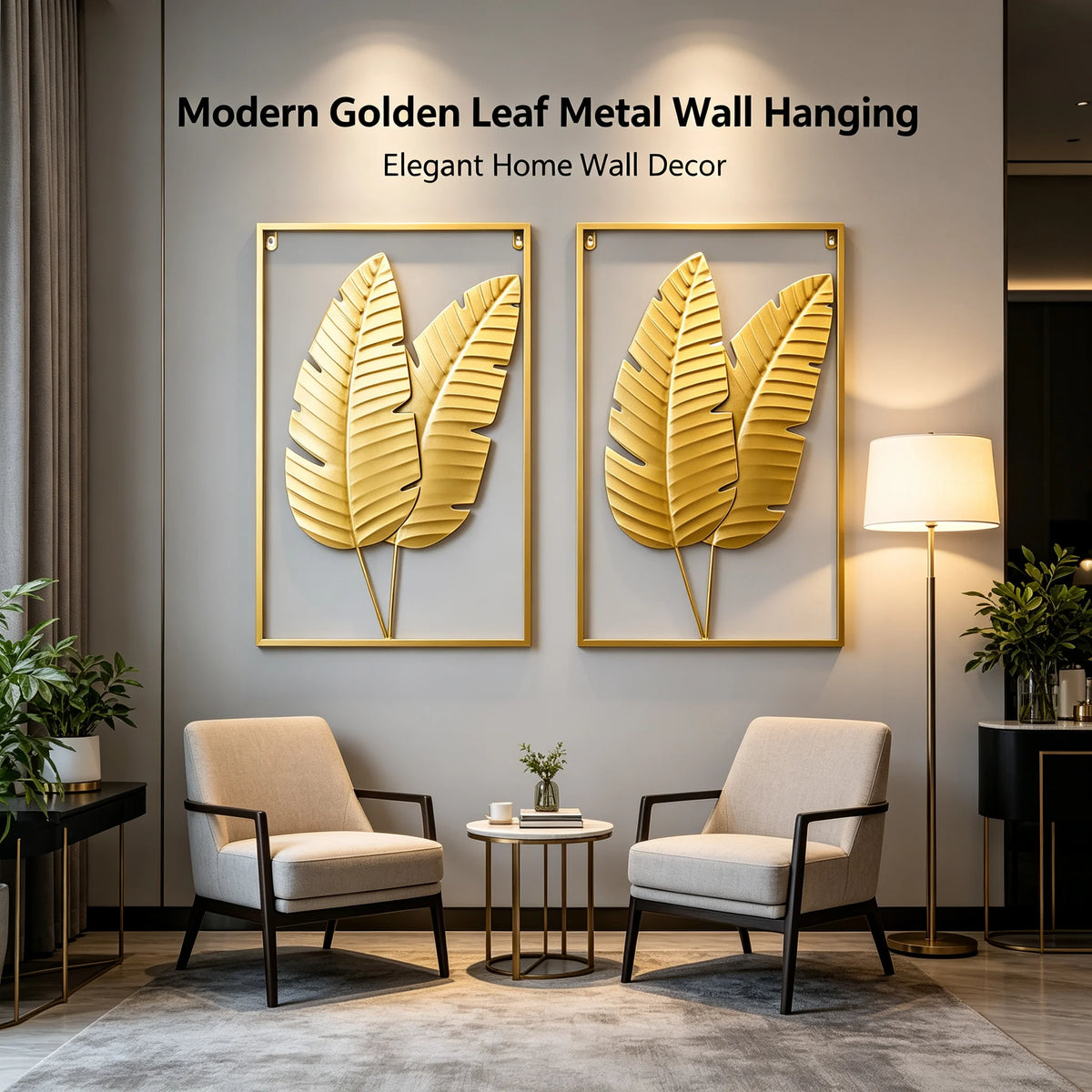2PCS Gold Metal Leaf Wall Art Set, Begonia Leaf, W 16 In x H 24 In with Frame