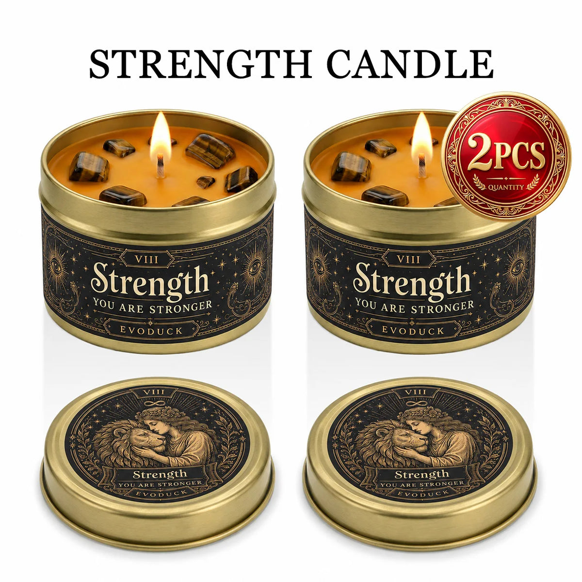 Strength Tarot Candle, Cedarwood Bergamot Scented .Tiger Eye Cristal. 1/2/3 Sets, for Meditation, Courage Confidence, 3 Oz.....