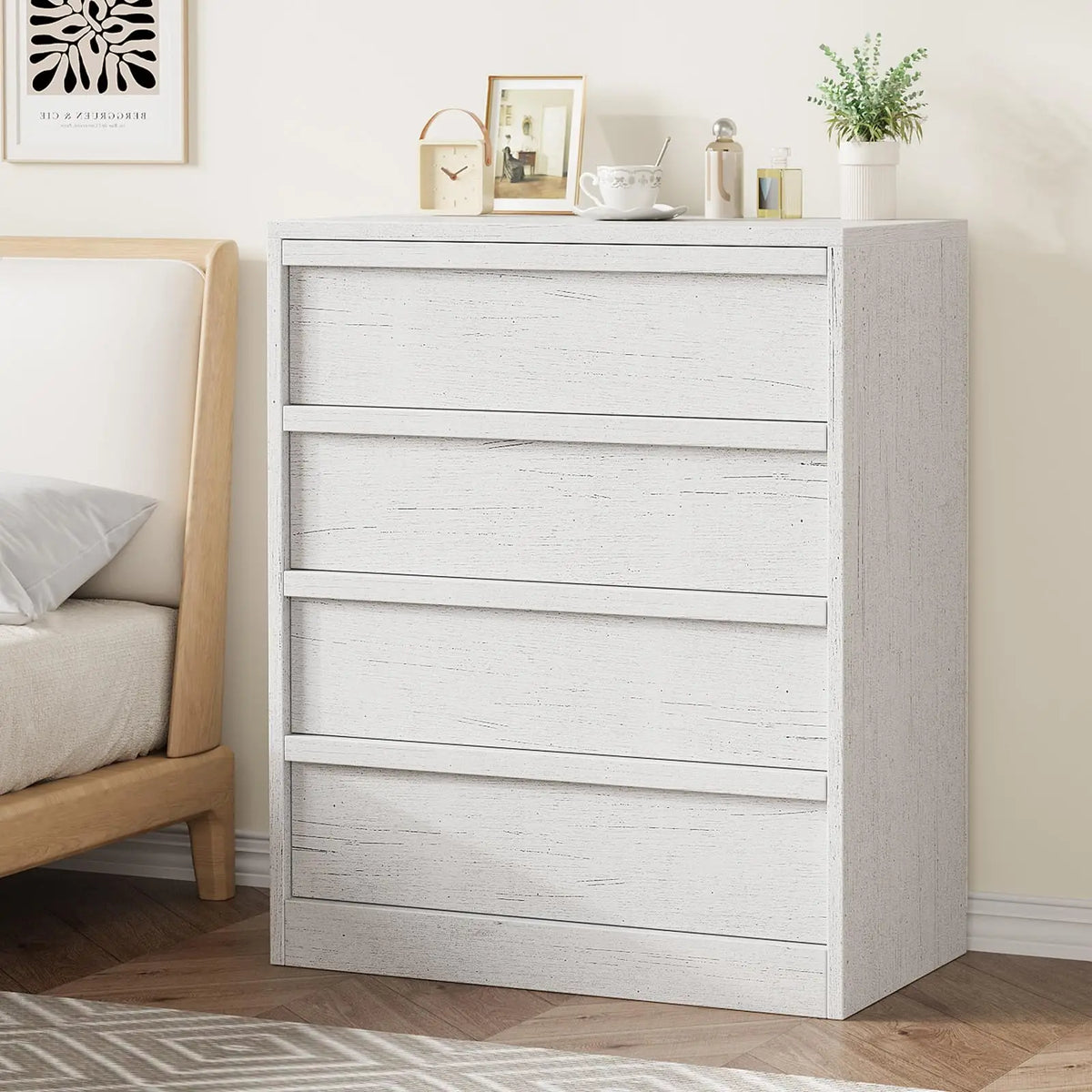 4 Drawer Nightstand Wooden Bedside Table With Large Storage