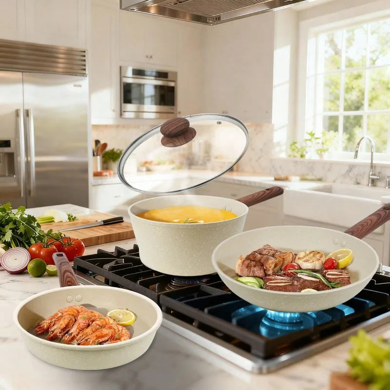 12Pcs Cream Granite Nonstick Cookware Set, With Silicone Cooking Utensils.....