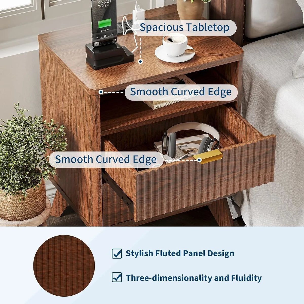 Walnut Nightstand with Drawer and Open Shelf USB Charging Station with AC Outlets