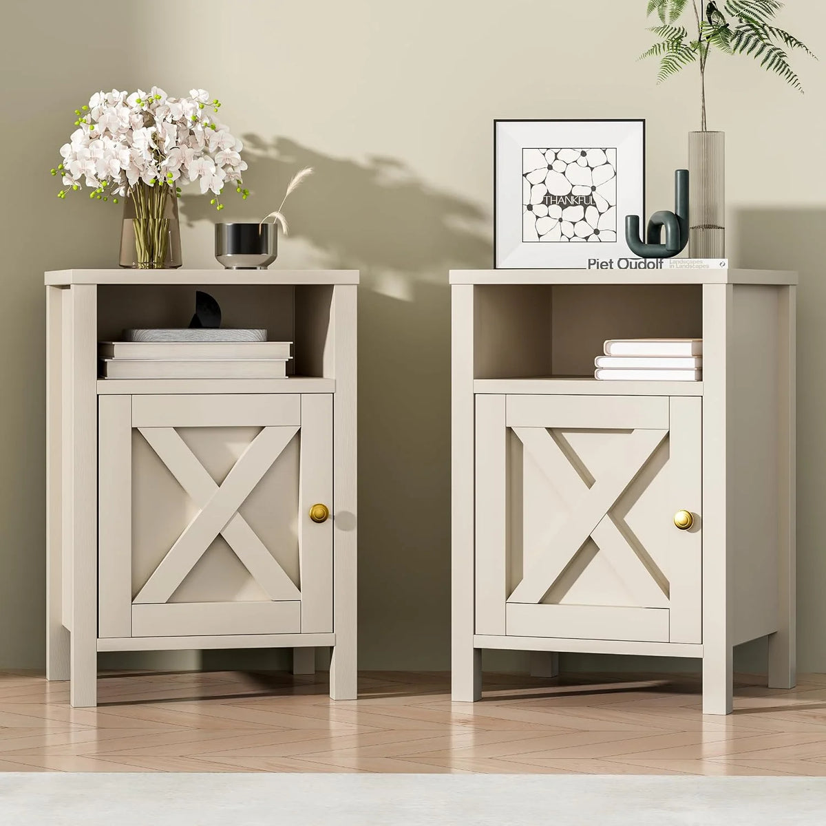 24.8" Nightstand Set 2, Wood, with Barn Door, White/Beige