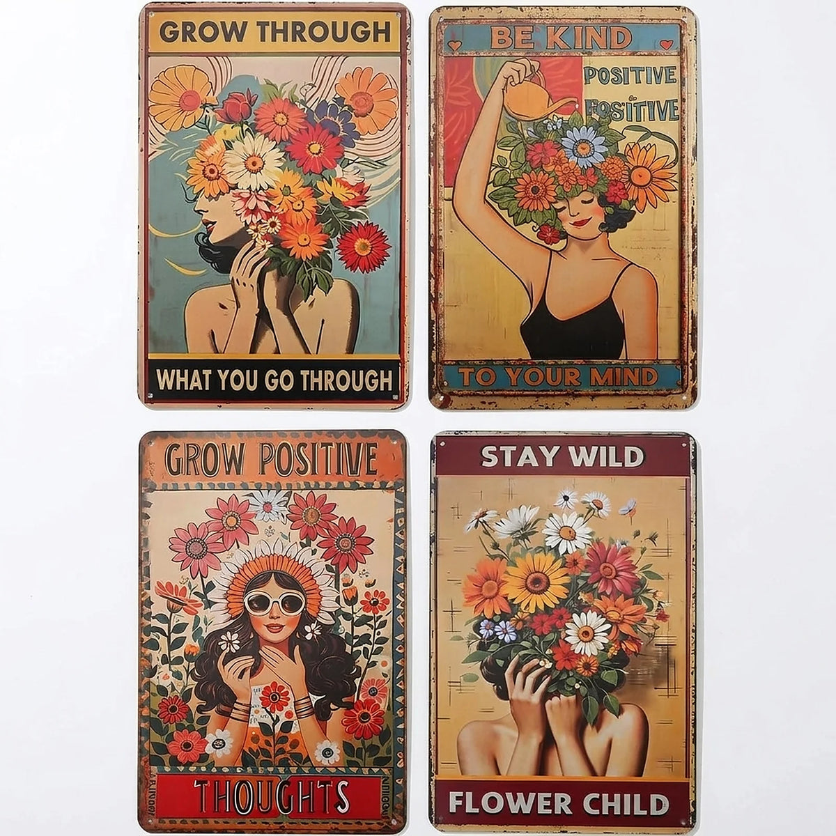 4 Piece Retro Tin Metal Sign Set, Wall Art ....
