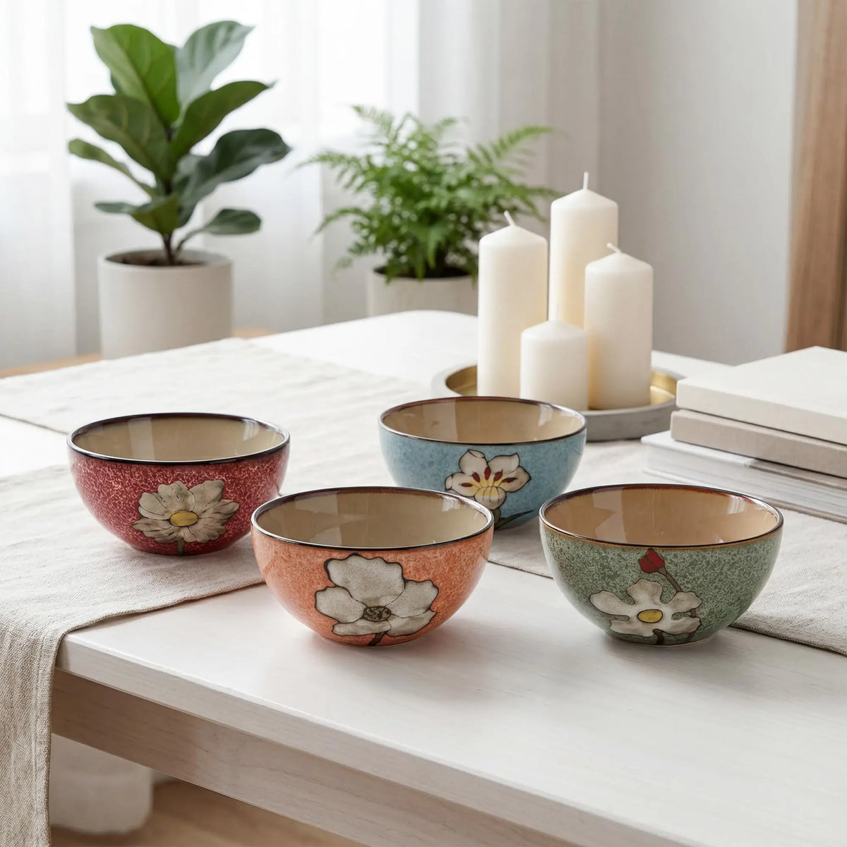 Set Of 4 Hand Painted Ceramic Cereal Bowls 6 Inch, Dishwasher Microwave And Oven Safe