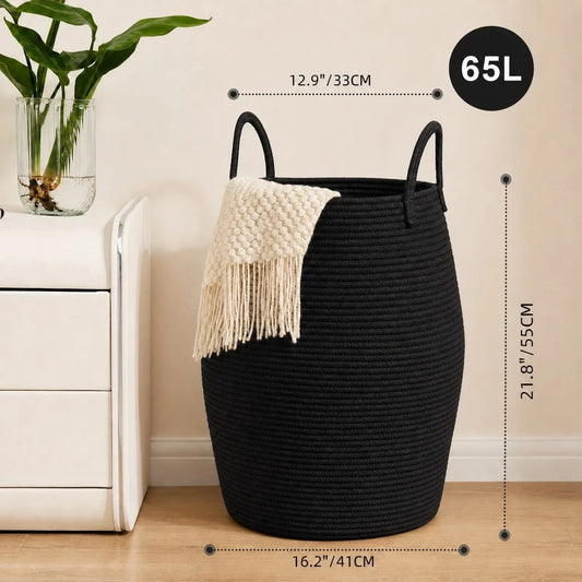 Woven Wicker Basket, Cotton Rope Laundry Hamper With Handles....