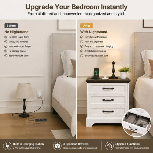 Farmhouse Nightstand with Charging Station 3 Drawer White 2 AC Outlets and 2 USB Ports