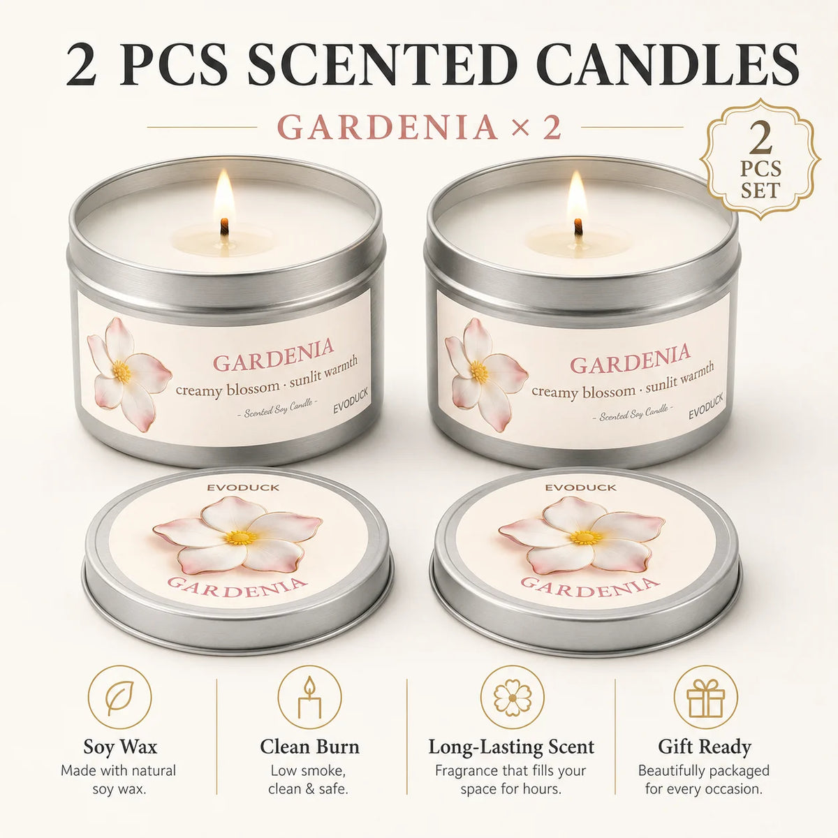 2Pcs Floral Scented Candle Set with White Tea Peony, Rose Jasmine, Freesia and Gardenia Fragrances, Natural Soy Wax,