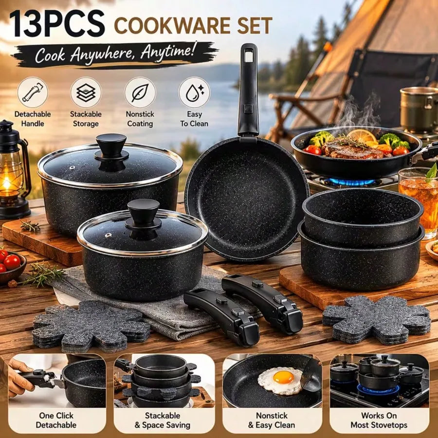 13PCS Nonstick Cookware Set With Detachable Handles, Matte Black Stackable Pots And Pans...