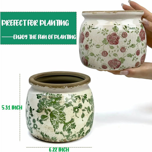 Vintage Ceramic Flower Pot with Drainage Indoor Outdoor Rustic Planter