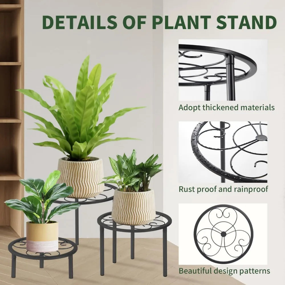 Set Of 5 Metal Plant Stands, Indoor Outdoor, Black, Various Sizes